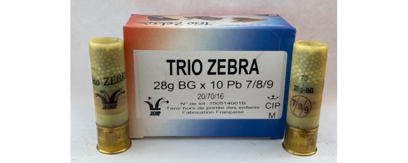 10 CARTOUCHES JOCKER TRIO ZEBRA 28G CAL 20/70 PLOMB 7/8/9